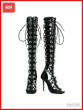 Gladiator Sandals High Heels Peep Toe Zipper Cut-Out Over The Knee